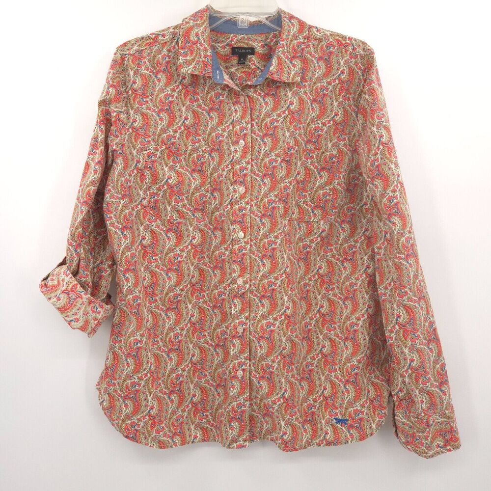 Talbots paisley‎ long sleeve button down top Size 16 red & blue roll tab sleeve